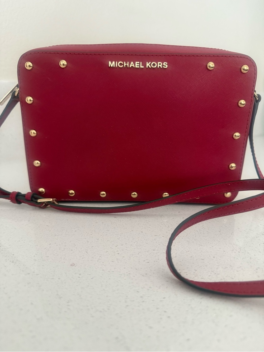 Michael Kors Red Sandrine Safffiano Leather Crossbody with Gold Studs